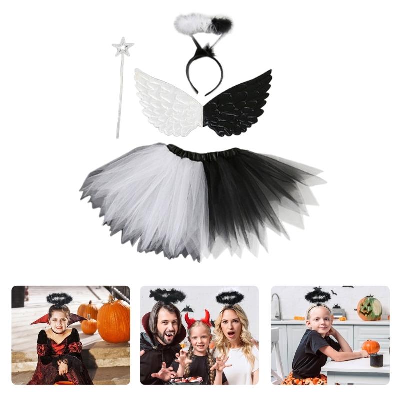 Devil Cosplay Set Rainbow Color Princess Costumes Includes Skirt, Wing, Wand and Headband for Kid Birthday Halloween