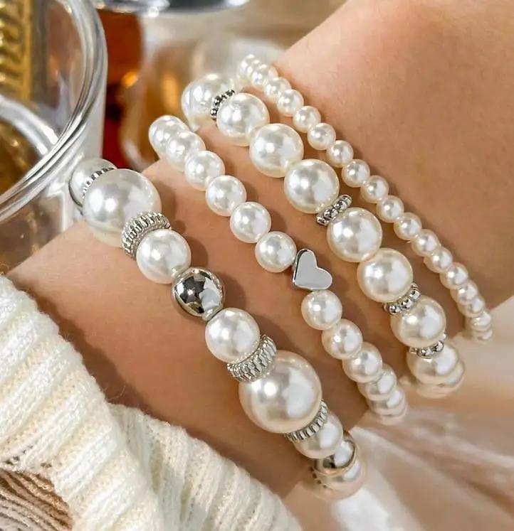 4 Stück/Set Muschel-Charme-Armband-Set für Damen 2025 Neu Imitation Perle Böser Blick Mehrschichtige Perlenarmreifen Sandstrandparty