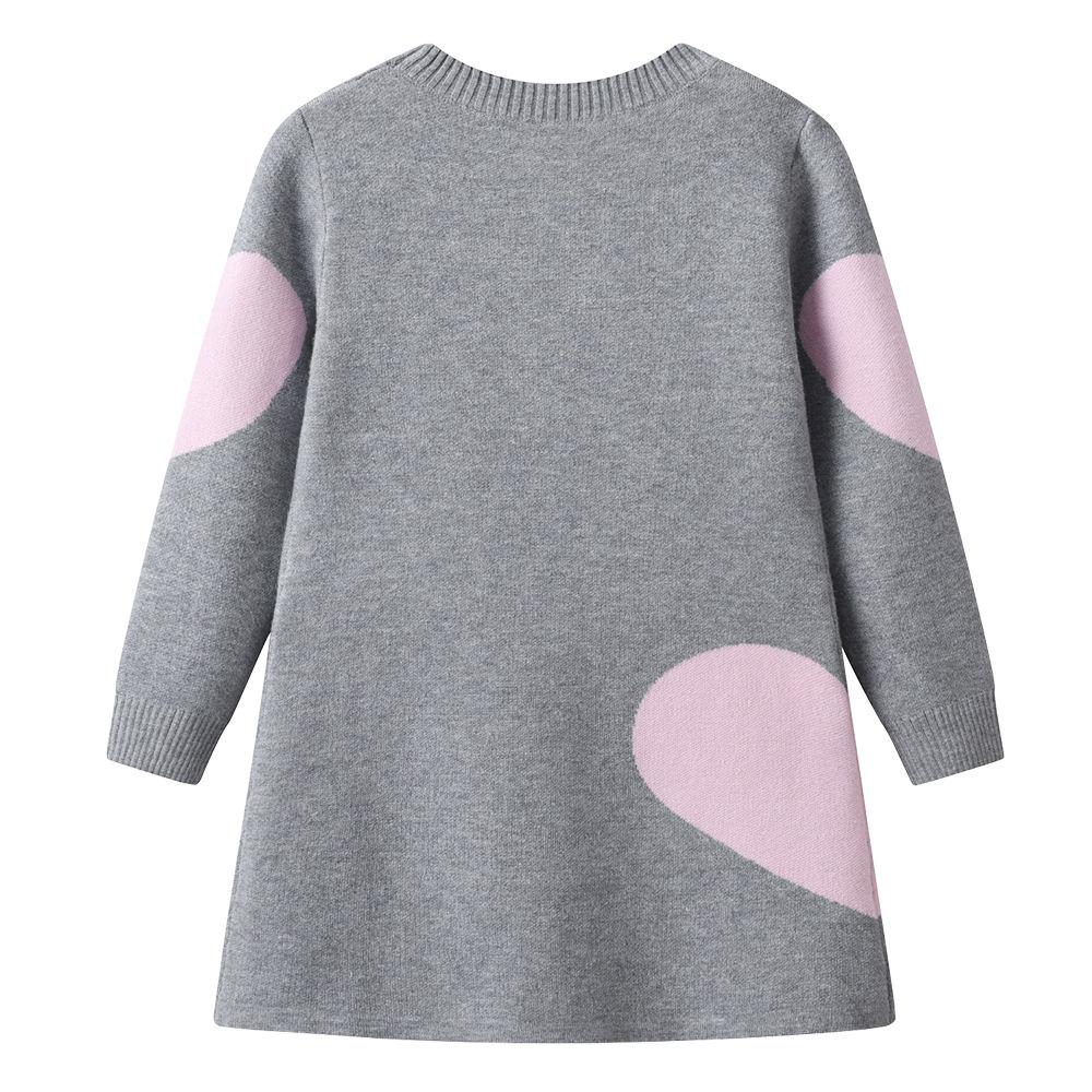 Vår och Höst Rundhalsad Kärlek Jacquard Flickor Stickad Klänning Prinsessklänning Barnkläder Mellanstora och Stora Barns Tröjklänning