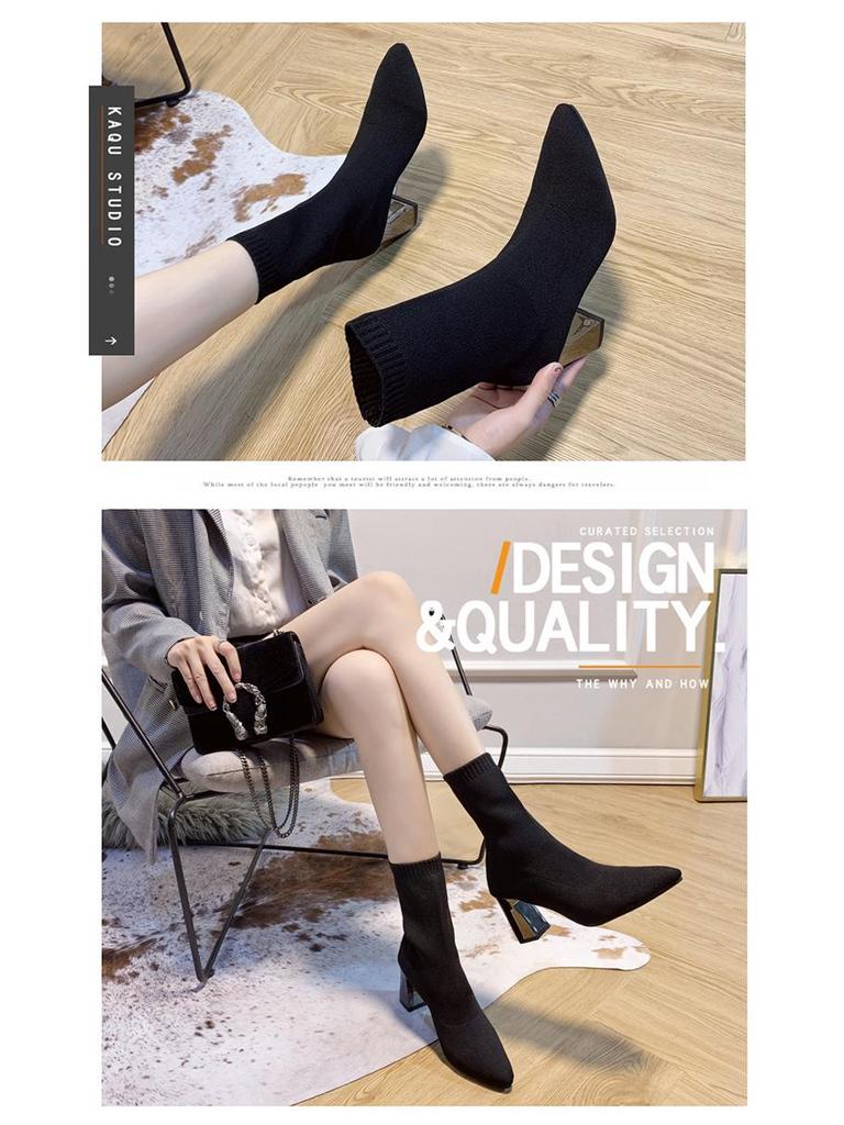 Damen Flyknit Elastische Socken Stiefeletten, Spitze Zehenpartie, Blockabsatz, Schlankmachendes Design, Europäischer/Amerikanischer Stil - 2025 Frühjahr/Herbst Kollektion