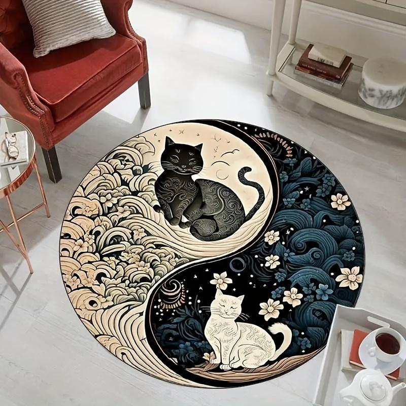 

1pc Japanese-style Black and White Cat Round Rug, Non-slip Floor Mat for Living Room, Bedroom, Bathroom, Holiday Home Decoration 40x40cm Flannel