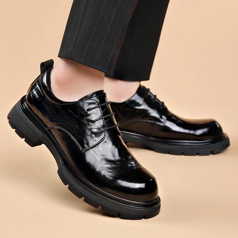 Fashion Men Leather shoes Platform Oxfords lace up Thick Tottom For Male Derby Shoes Casual oxfords Mens Square Toe Formal Dress Shoes