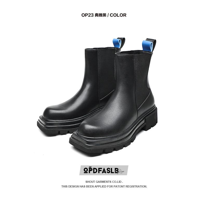 

Black Chelsea boots men s 2025 new square head shoes medium tube chimney heightened thick high heel platform Martin boots 38 чёрный