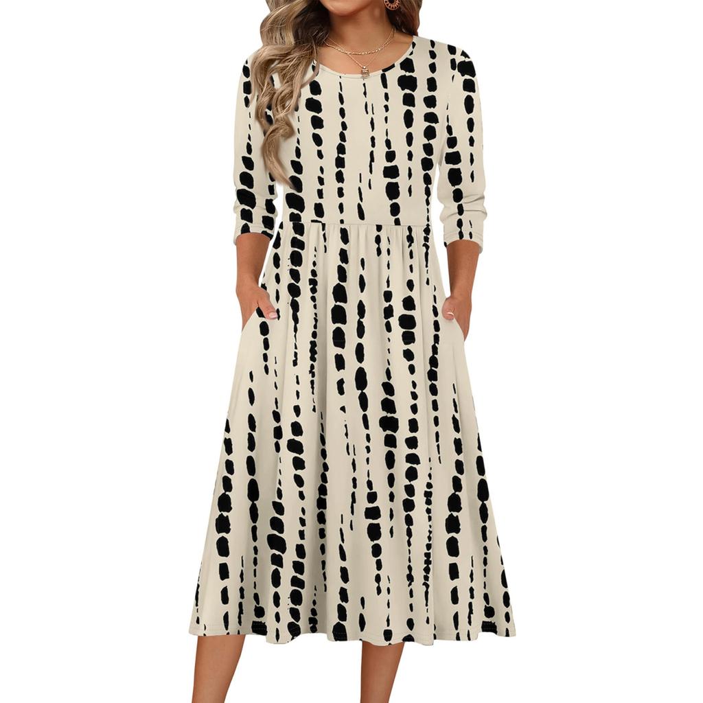 3/4-Ärmel Damenkleid Lässig Fließend A-Linie Midi T-Shirt Kleider mit Taschen Rundhalsausschnitt Urlaub Boho Strand Sommerkleid