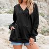 Women's Solid Color Sweater Hooded V-neck Strip Loose Pocket Pullover Top