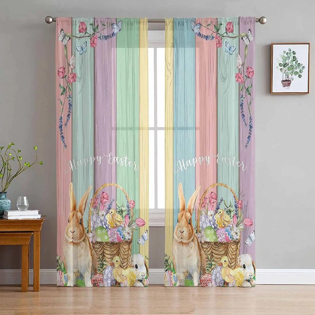 Sheer Easter Window Curtains Bedroom Living Room Egg Bunny Spring Flower Chiffon Voile Drapes Curtain Made Of Polyester Washable Sitting Ready