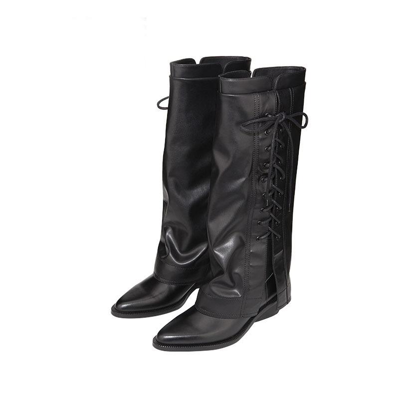 Pants boots but knee boots Women's boots inner height increase 2025 spring new pointed thin boots side zipper fashion boots