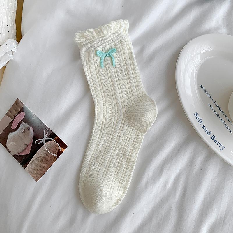 Sweet Bow Mid-calf Socks for Women, Summer Thin Mesh Hollowed-out Pile Socks, Solid Color Lace Long Socks