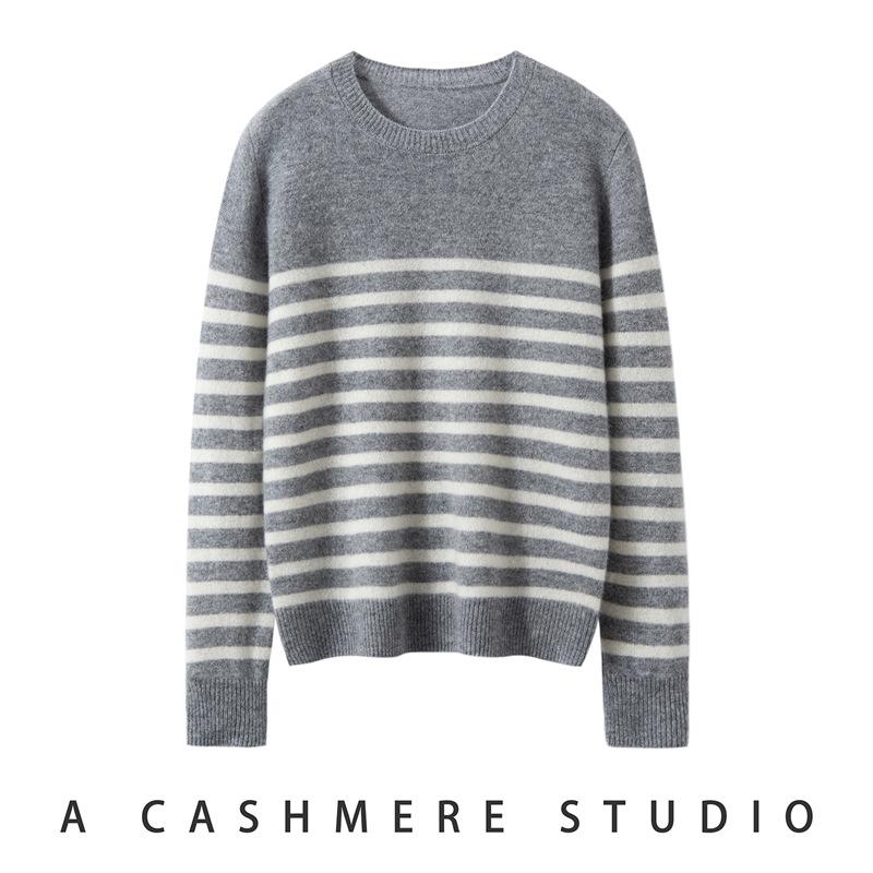 Round Neck Cashmere Knit Sweater for Women - Long Sleeve, Color Block Stripes, Versatile Autumn/Winter Base Layer Top