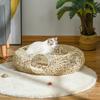 Rattan Cat Bed 78x69x22 Cm Plump Cat Basket with Soft Cushion 3 Access Holes Cat Tunnel Natural Wood