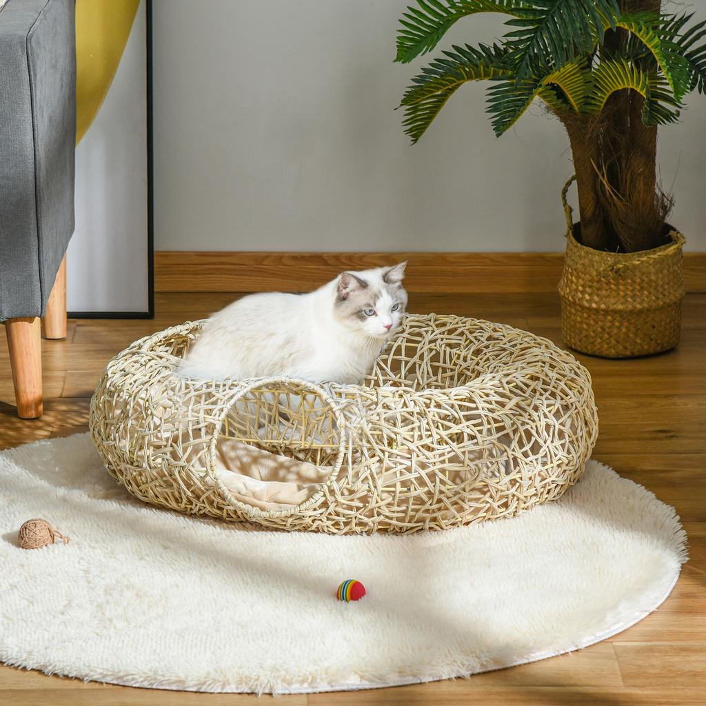 Rattan Cat Bed 78x69x22 Cm Plump Cat Basket with Soft Cushion 3 Access Holes Cat Tunnel Natural Wood