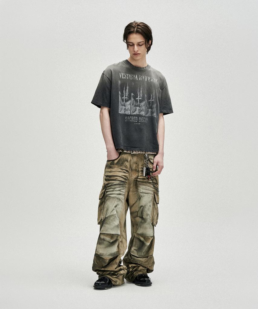 NOT4NERD Triple Sanctuary Bleach Washed Loose Cropped T-Shirts - Charcoal