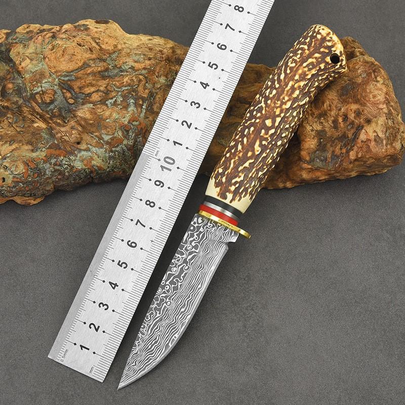 Outdoormesser Damaskus Gemusterter Griff aus Knochenimitat Fleischschneiden Innere Mongolei Fleischmesser D3 Gerades Messer