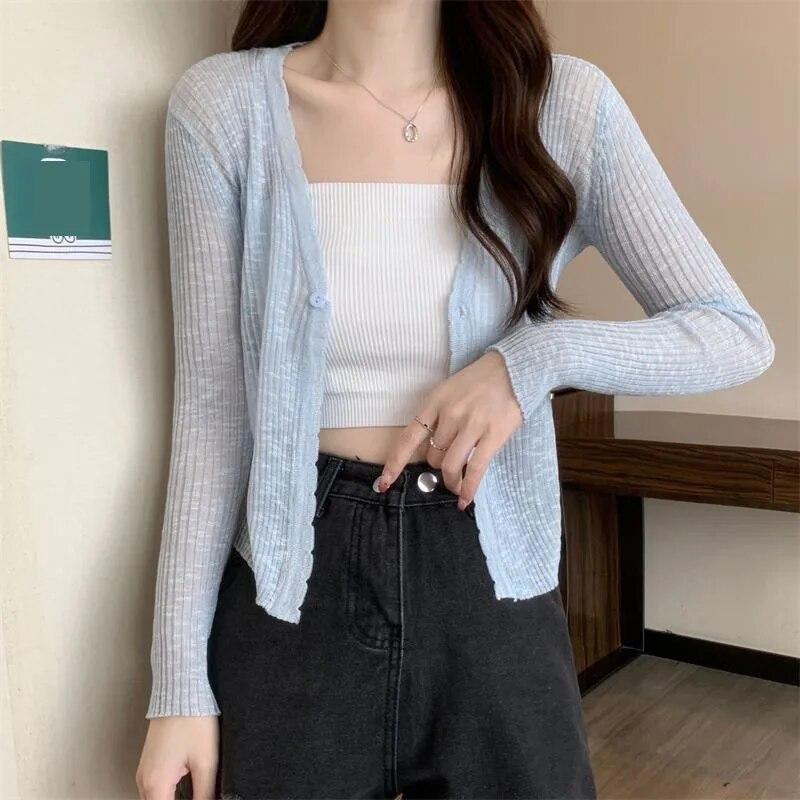 Cardigan sottile in seta di ghiaccio corto bianco da donna manica lunga lavorato a maglia protezione solare slim crop top Kintwear nuova moda semplice casual primavera estate
