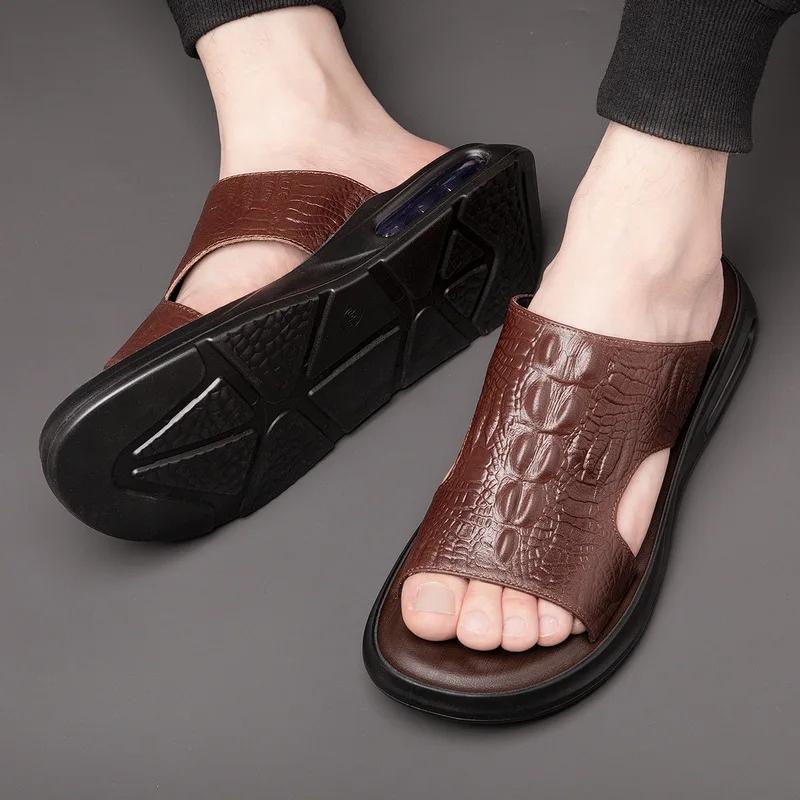 Summer New Shoes for Men Genuine Leather Men Sandals Crocodile Print Casual Slipper Air Cushion Flip Flops Cool Beach Shoes Man