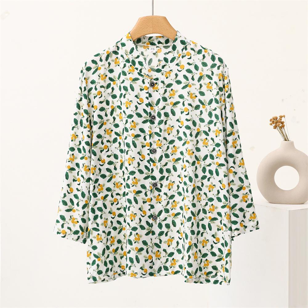 Cotton Silk Printed Standing Collar Cardigan Long Sleeve Women's Shirt Summer Thin Comfortable Breathable Rayon Top