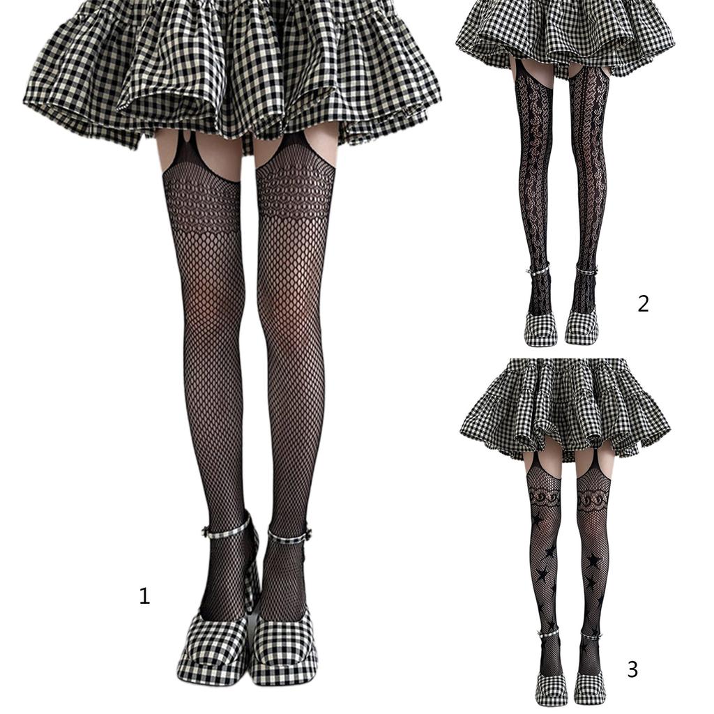 Womens Sexy Fishnet Stockings with Attached Garter Belt Japanese Star Patterned Sheer Mesh Net Pantyhose Tights Hosiery