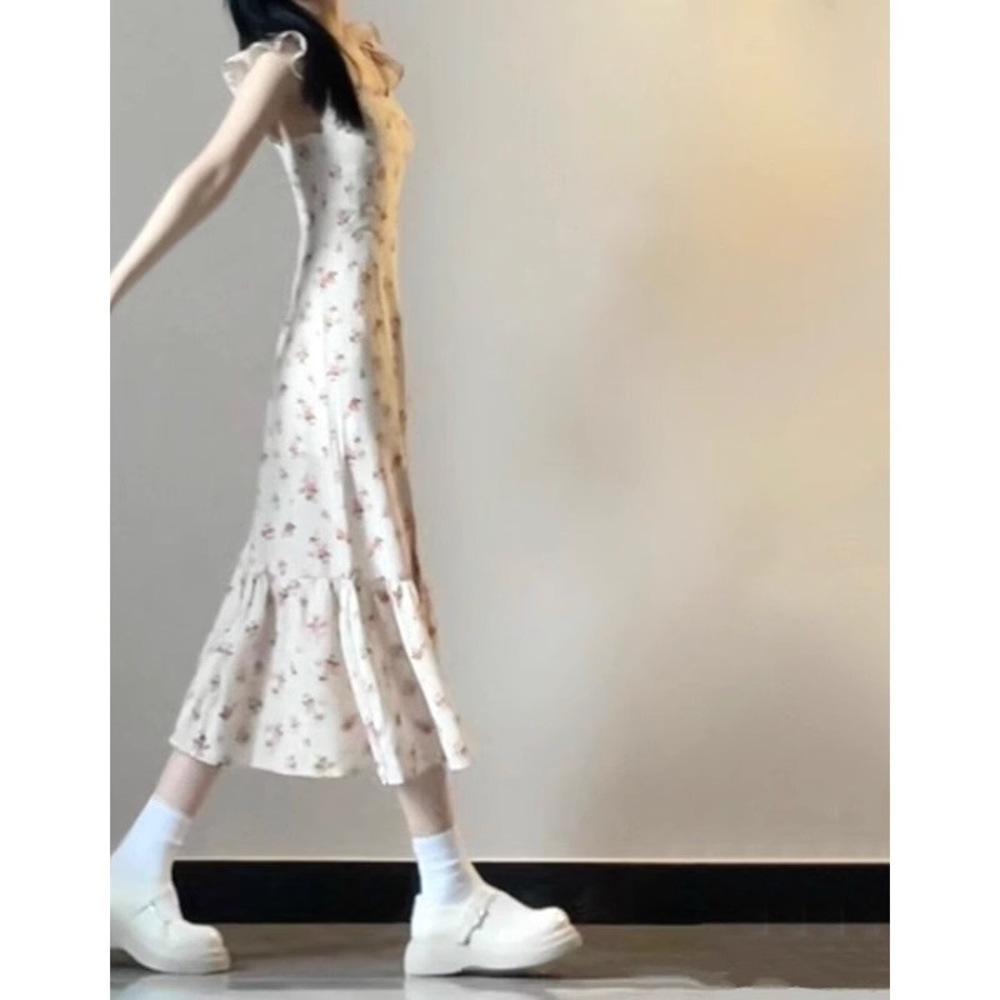 

Summer French Retro Floral Puff Sleeve Spaghetti Strap Slimming Slit Long Dress for Women Large