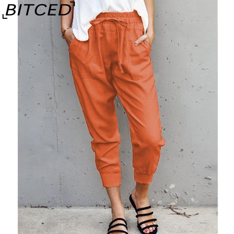BITCED Summer Women Loose Plus Size Solid Color Simple Lace Up Slim Casual Nine Point Slimming Trousers