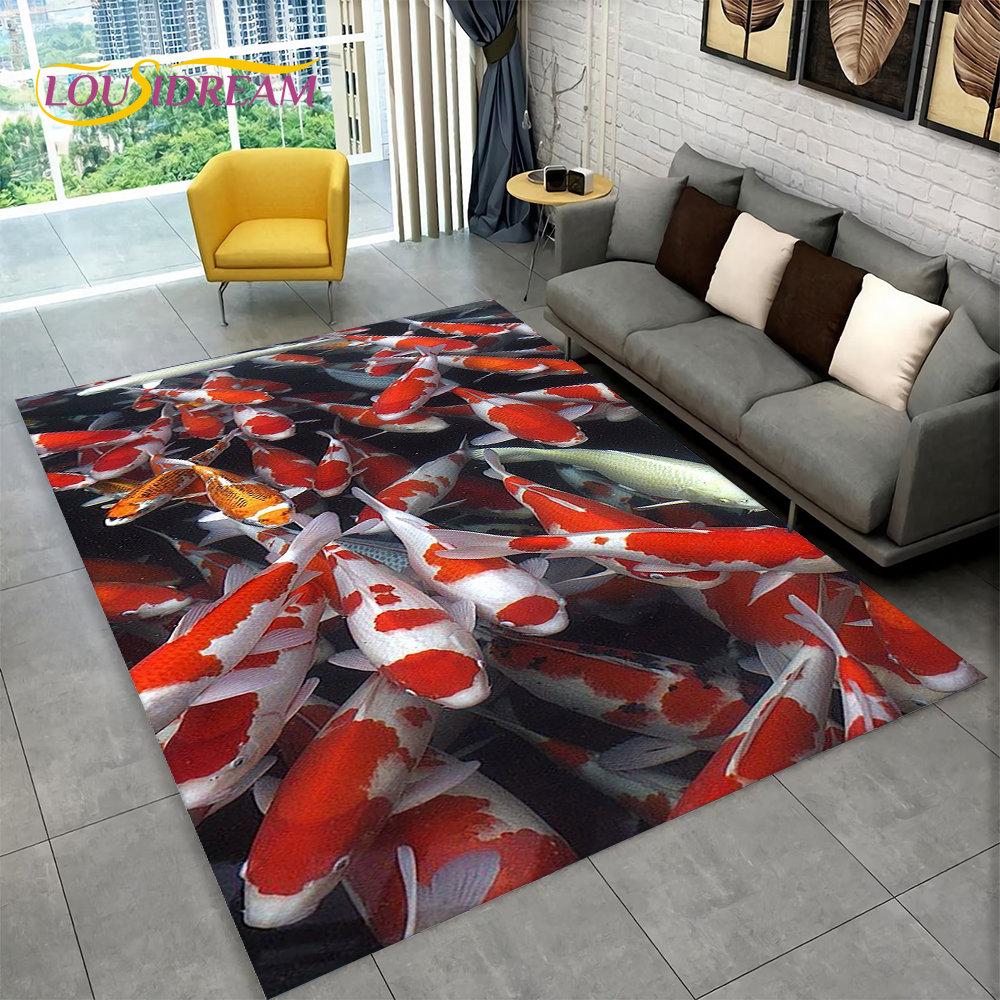 3D Pastoral Tai Chi Carp Fish Area Rug,Carpet Rug for Living Room Bedroom Sofa Doormat Decor,Kid Play Kitchen Non-slip Floor Mat