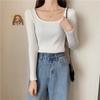 Autumn Winter Women Square Neck Knit Pullover Slim‑Fit Fleece‑Lined Elegant Long‑Sleeve Sweater Low‑Cut Inner Top