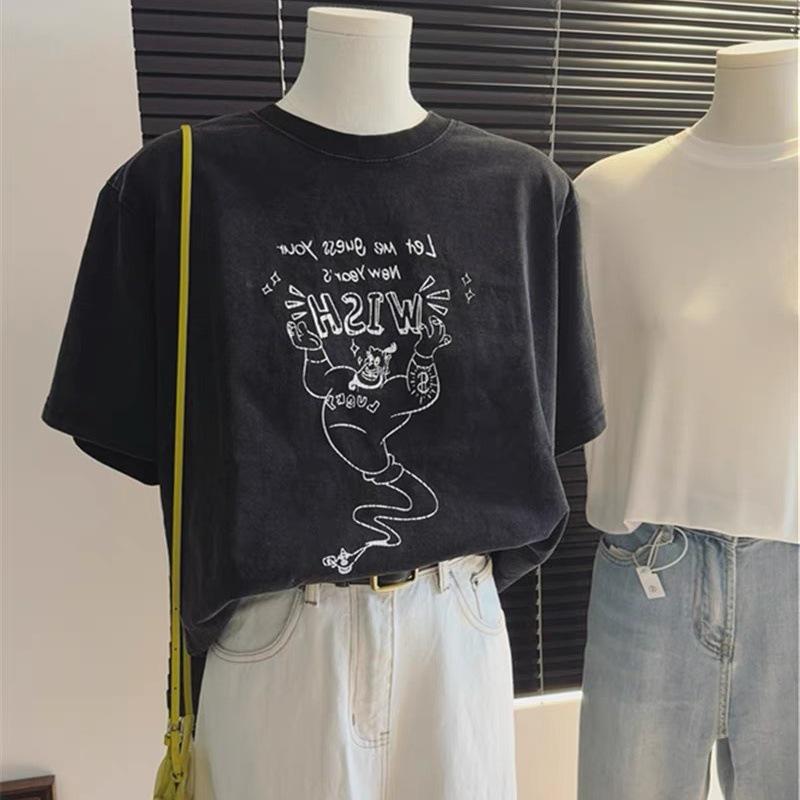 Women's Retro Black Distressed Short Sleeve Casual T-Shirt