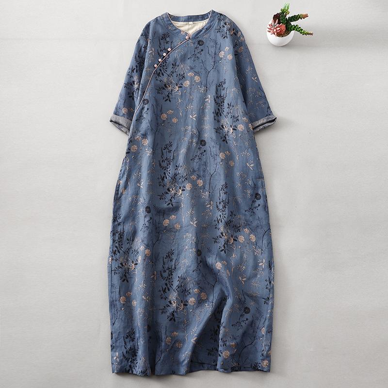 

2025 весна и лето новое литературное и ретро-печатное платье ципао со средними рукавами для женщин 2XL