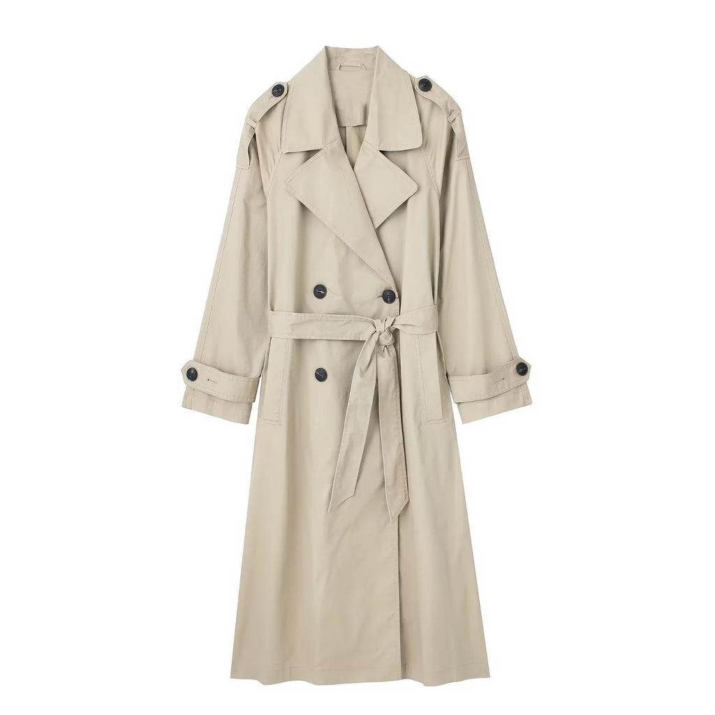 Autumn Spring Women with Belt Solid Double Breasted Trench Vintage Lapel Neck Long Sleeves Female Chic Lady Jacket