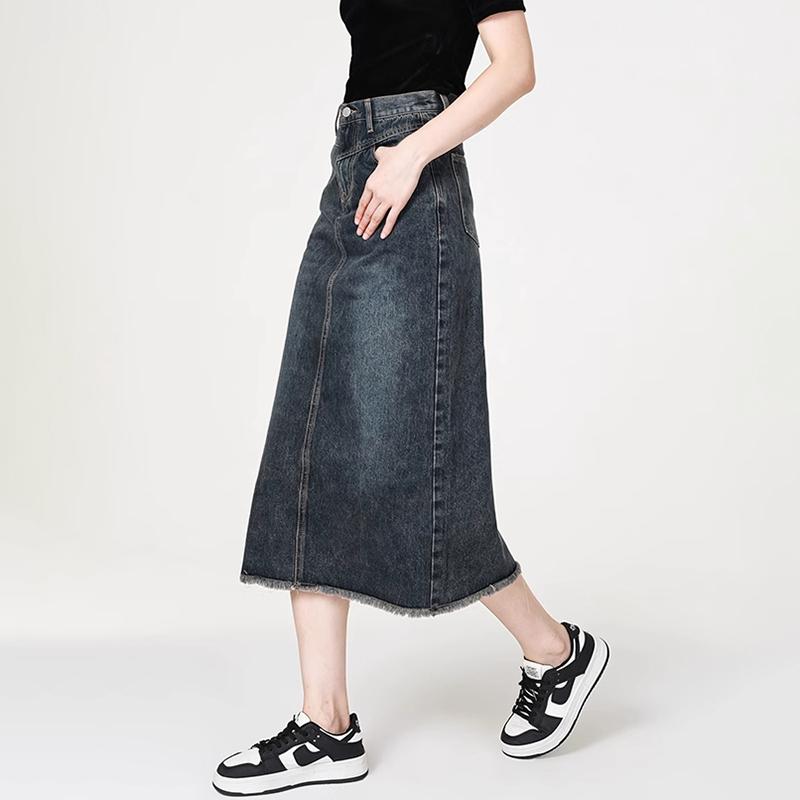 Maslan Spring/Summer Retro Commuter Slim High Waist Cotton Washed Mid length Cowboy Skirt