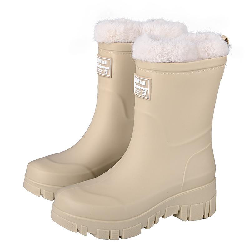 Fashion Medium Tube Rain Shoes Women's New Autumn and Winter Velvet Warm Rubber Shoes Outdoor Waterproof Shoes Non-slip Rain Boots