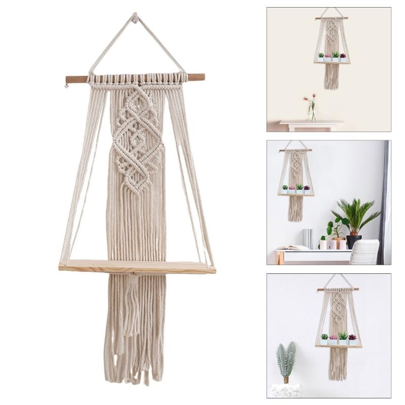 Cotton Rope Storage Rack for Bedroom Handwoven Tapestry Storage Rack Swing Rope Floating Shelf Wall Hanging Organizer