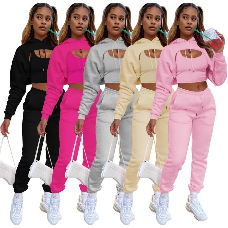 Autumn and Winter Women's Clothing Fleece Drawstring Solid Color Hooded Cape Sweater Long Sleeve Trousers Vest Three-piece Set