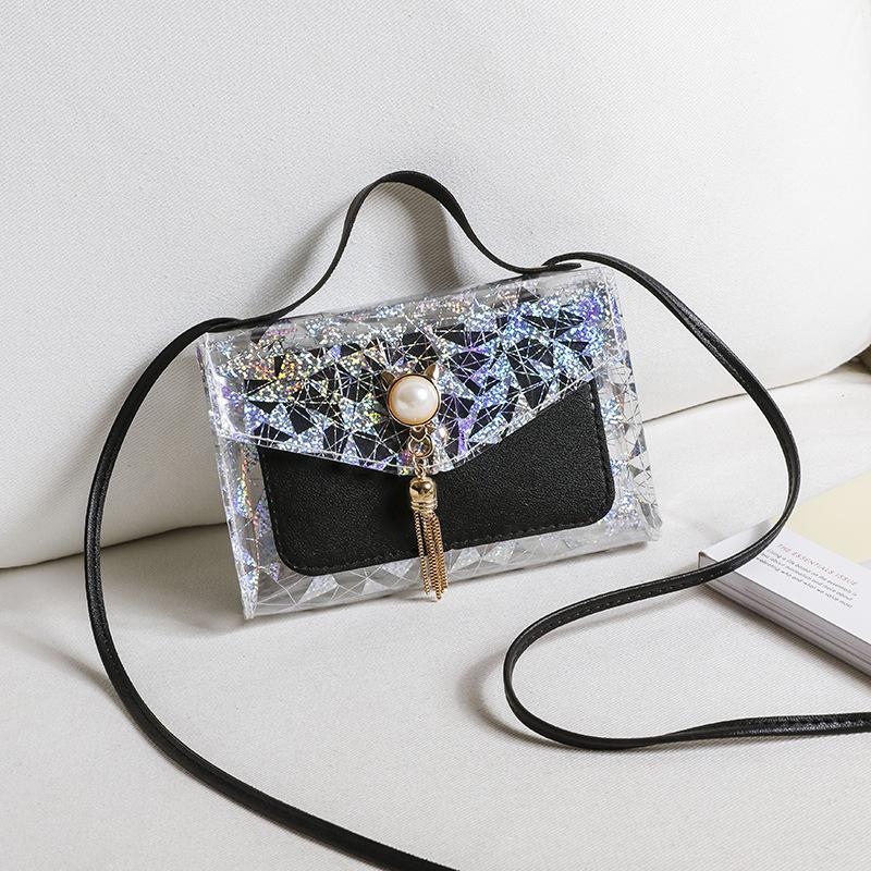 Mobile Phone Bag Women's Summer and Autumn Floral Cat Ear Tassel Contrasting Color Transparent Small Square Bag Single Shoulder Oblique Span Portable