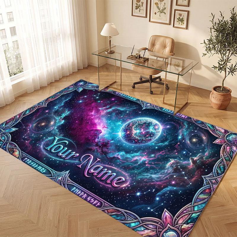 Space Cosmic Theme Crystal Velvet Floor Rug Personalized Custom Name Text Warm Carpet Home Decoration