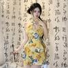Retro printed hip-wrapped and thin cheongsam set, tempting to hang the neck, free of passion and pure desire, erotic underwear nightclub