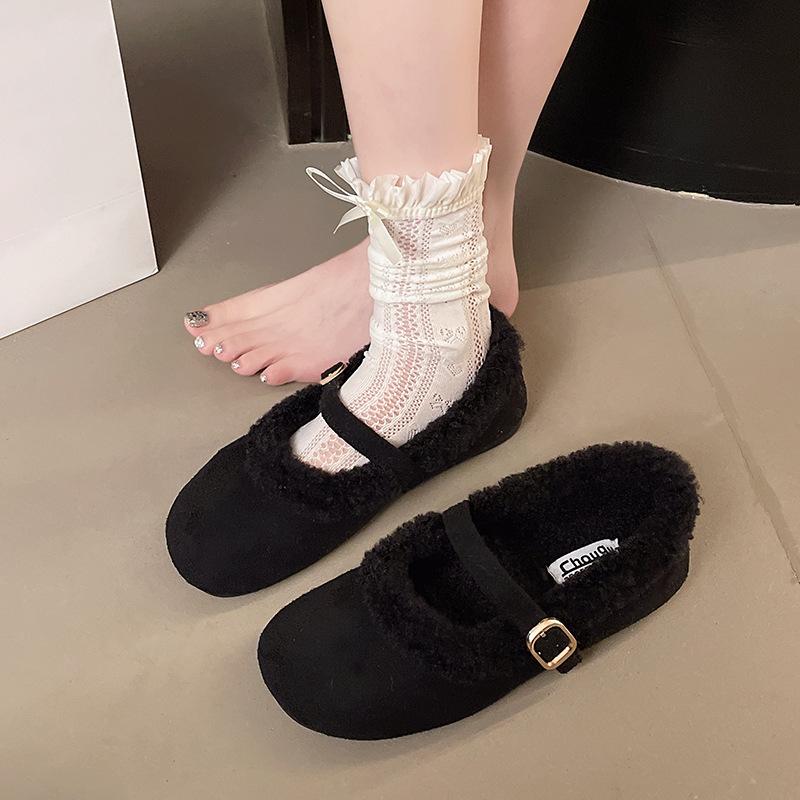 Round head flat bottom Mao Mao mouth women's shoes 2025 new autumn and winter velvet Doudou shoes casual warm women's cotton shoes