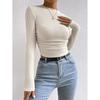 Women's Knit Pleated Crop Tops Solid Color Side Long Sleeve T Shirt Streetwear Long Sleeve Slim Fit Skiing Shirt Tee Streetwear