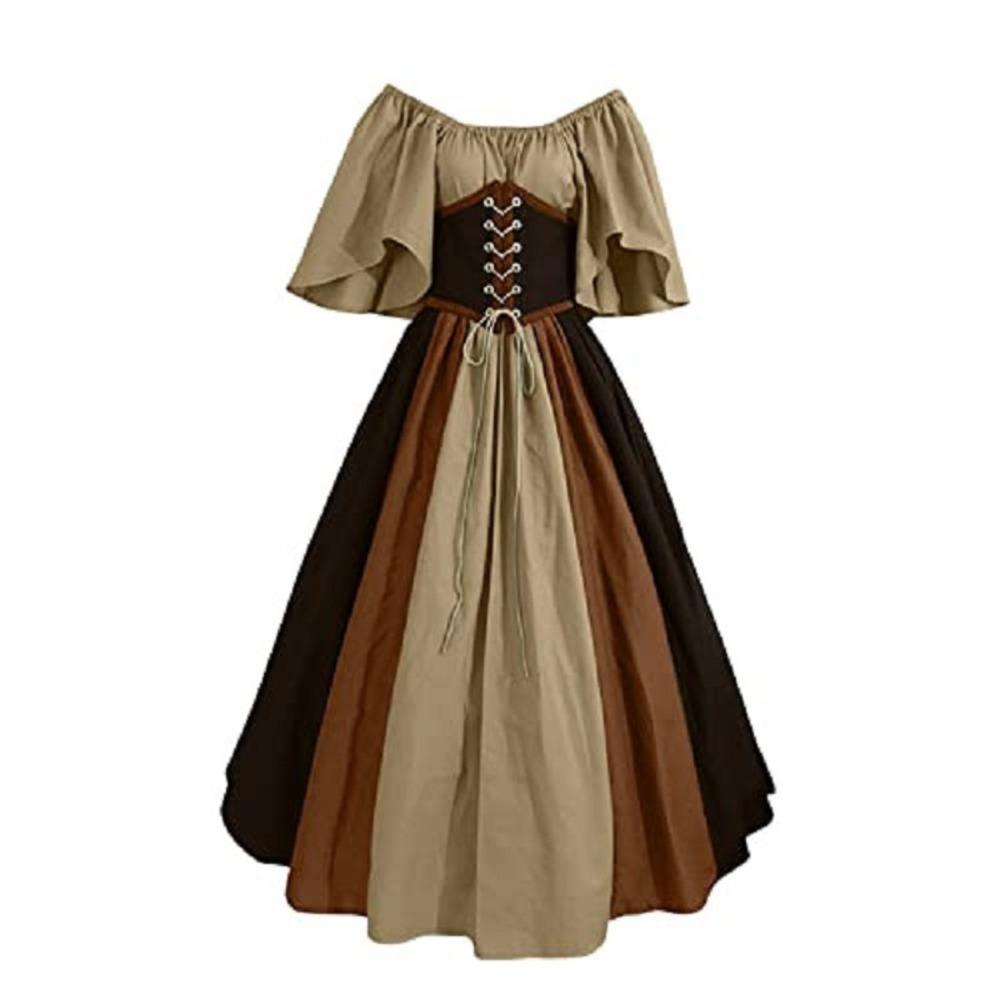 Women's Off‑Shoulder Half Sleeve Maxi Dress Loose Fit High Waist Vintage Renaissance Medieval Gown