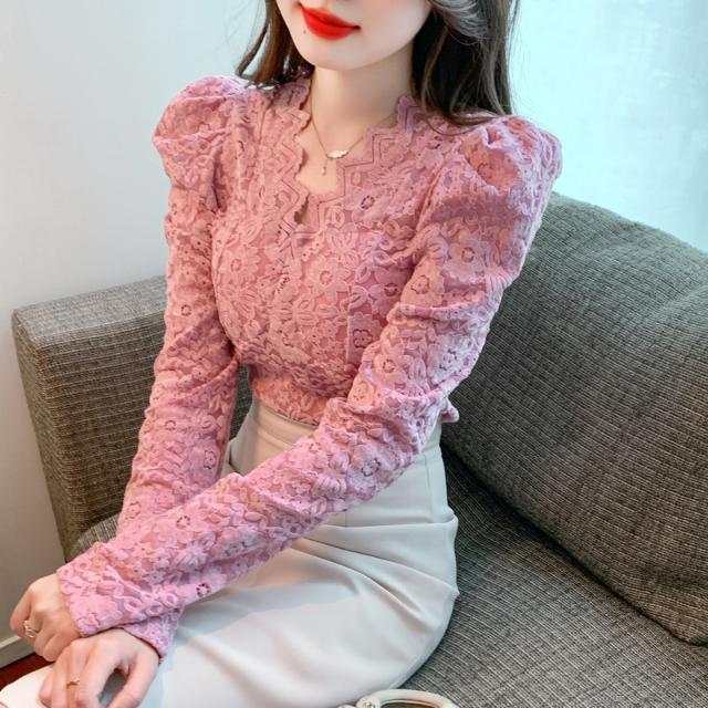 Pink Lace Base Layer Brushed Puff Sleeve Spring Autumn Elegant Base Layer French Lace Inner Wear