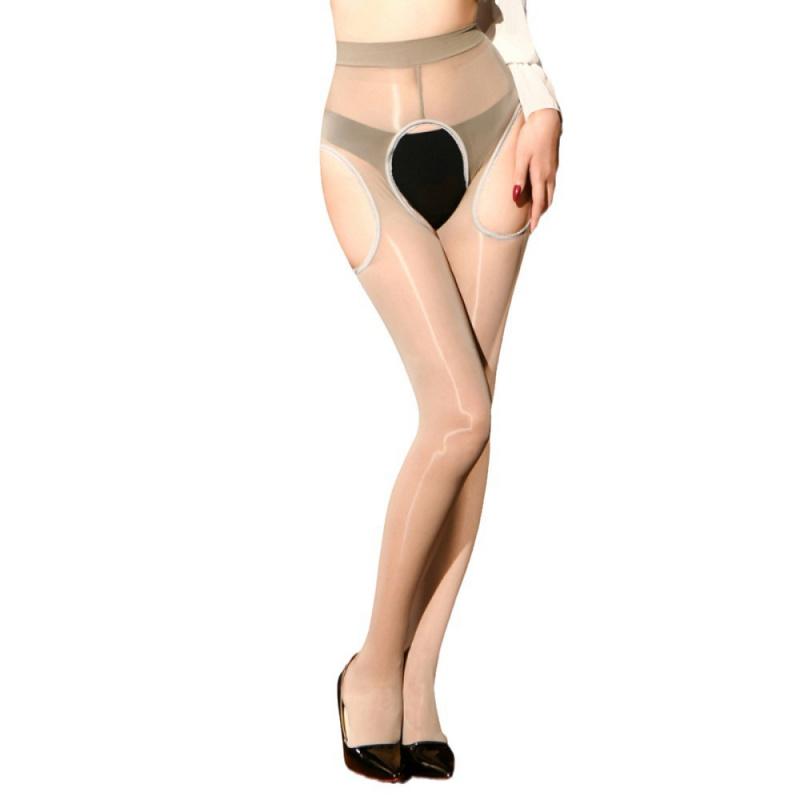 Horse Oil Stockings Thin Four-Sided Open Crotch Pantyhose Shiny Reflective Black Silk Suspender No-Remove Sexy Temptation