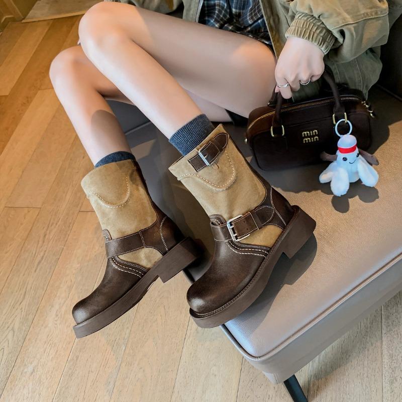 Leather boots short boots women's new round head thick heel color matching locomotive boots belt buckle knight boots