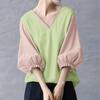 ZANZEA Women Casual V-Neck Splice 3/4 Sleeve Loose Blouse