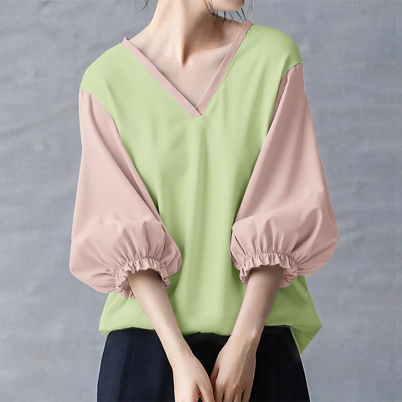 ZANZEA Women Casual V-Neck Splice 3/4 Sleeve Loose Blouse