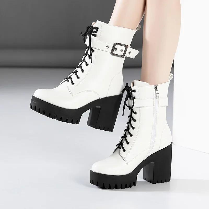 Plus Size 32-43 Platform Shoes Women Ankle Boots Leather 2024 Fall Winter High Heels Boots Ladies Plush Motorcycle Botas