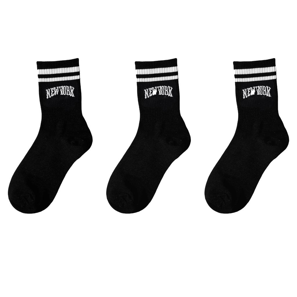 3/5/10 Paar Damen Crew-Socken, Schwarz mit Schriftzug "New York" und Streifen, Bequem, Atmungsaktiv, Feuchtigkeitstransportierend, College