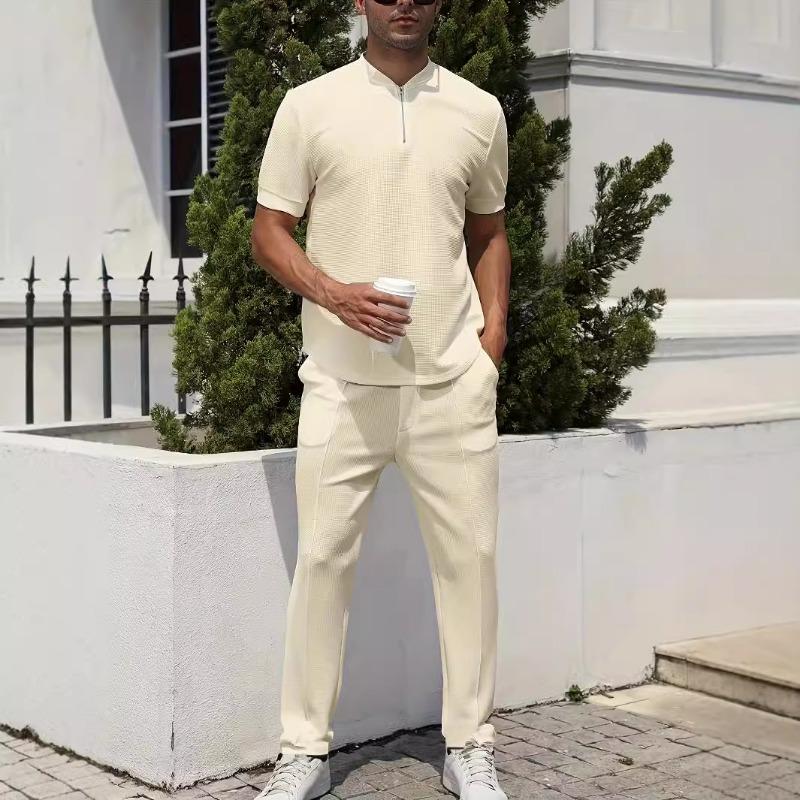 Mens Casual Waffle Knit Half Zip Short Sleeve T Shirt And Long Pants Set S