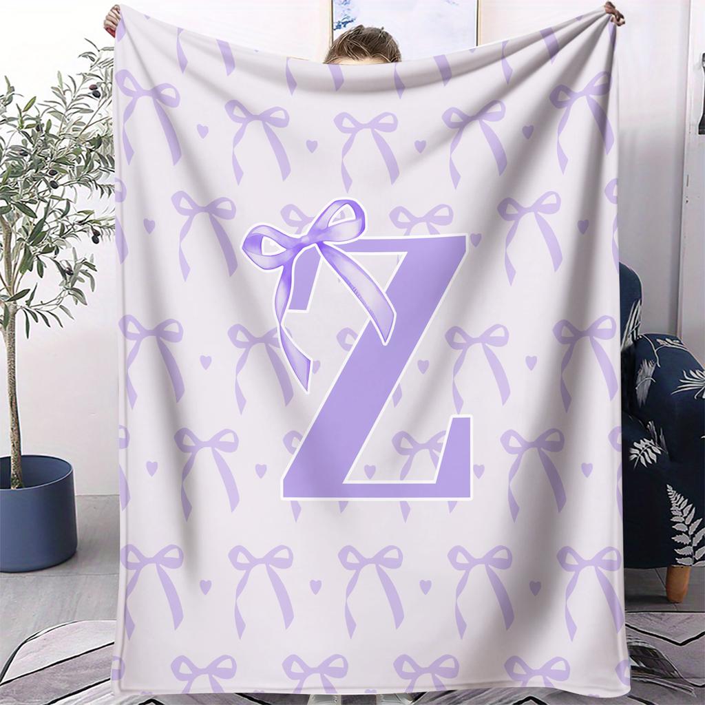Soft Purple Bow Print Letter U to Z Blanket Warm Cozy Portable Flannel Blanket for Home Camping Travel Gift for Girls Boys