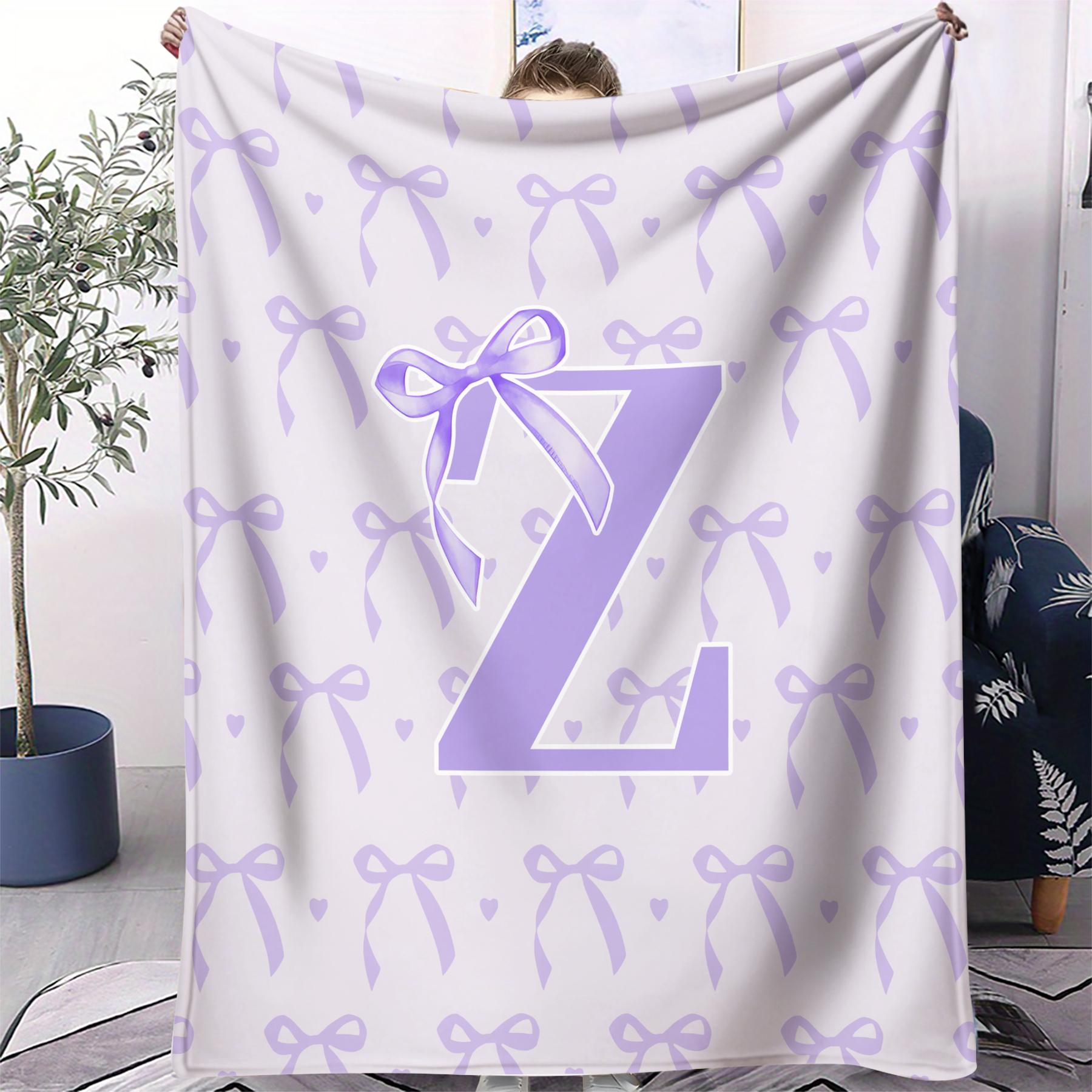 

Soft Purple Bow Print Letter U to Z Blanket Warm Cozy Portable Flannel Blanket for Home Camping Travel Gift for Girls Boys 75x90cm