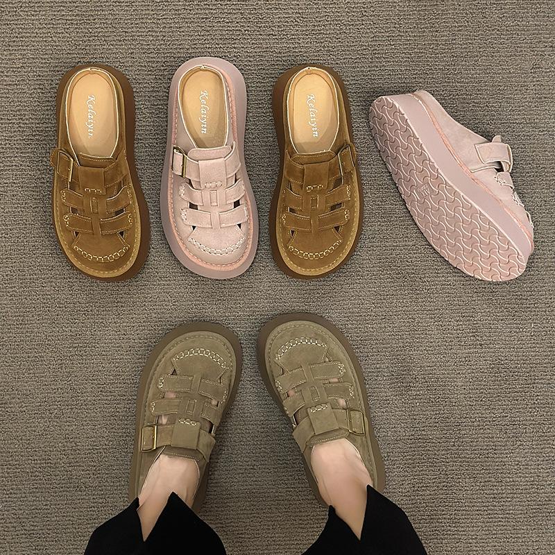 Platform-soled Boken shoes women's bag head half slippers 2025 new summer outer wear hollowed-out retro Roman muffin cool slippers