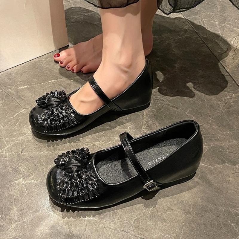 

Модные хрустальные туфли-лодочки на низком каблуке с круглым носком и неглубоким вырезом, с ремешком-слингом и мягкой нескользящей подошвой, новинка французских женских балеток с неглубоким бантом 35 чёрный